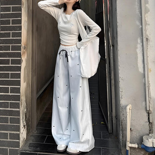 Quần ống rộng kẻ sọc in nơ dành cho nữ, quần cạp cao dáng suông mùa hè, quần casual.