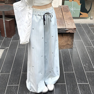 Quần ống rộng kẻ sọc in nơ dành cho nữ, quần cạp cao dáng suông mùa hè, quần casual.