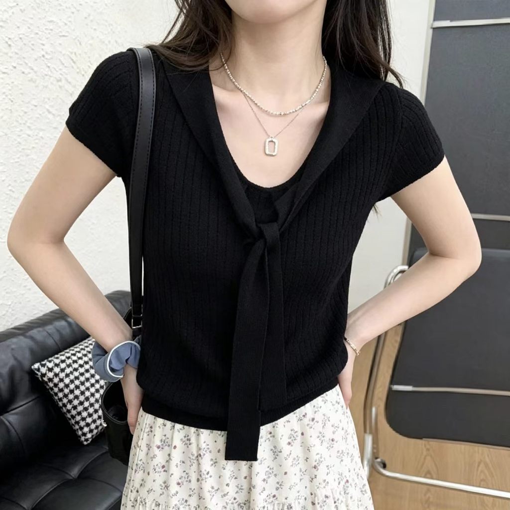 SUXI Áo thun dệt kim ngắn tay màu trơn nhẹ nhàng dành cho nữ mùa hè mới 260514