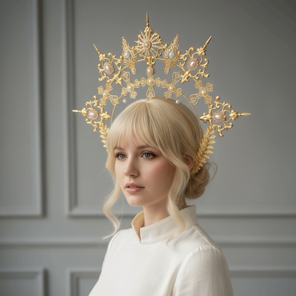 POYFOX Sun Goddess Crown, Chất liệu hợp kim kim kim loại dát ngọc trai giả Baroque Tiara Headband, Chi tiết chữ thập tinh tế Thiết kế gai nhọn mạ vàng