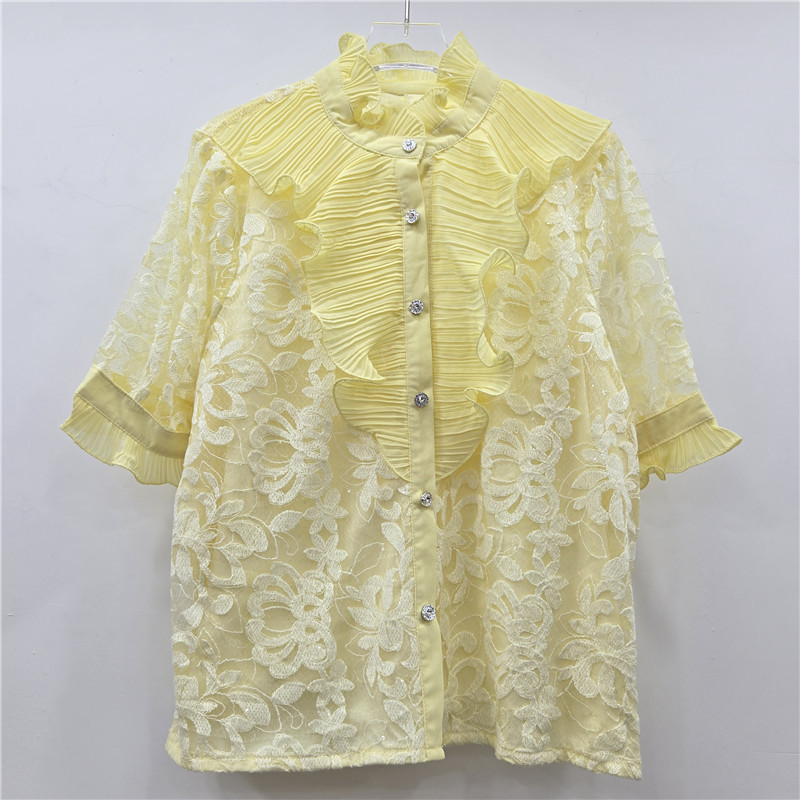 Cung Điện Retro Ánh Sáng Sang Trọng Người Nổi Tiếng Giảm Tuổi Rỗng Ren Khâu Xù Đứng Cổ Áo Sơ Mi Nữ Cao Cấp Top Hợp Thời Trang