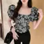Áo sơ mi cổ vuông cổ điển khí chất kiểu Pháp dành cho nữ mùa hè ngắn vừa vặn Slim-fit Thiết kế dáng ôm hơn Áo tay phồng Niche