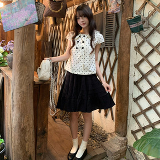 VM-Áo sơ mi nữ Áo sơ mi tay ngắn cổ sen  áo babydoll chấm bi phối 6 cúc lửng dáng vừa dễ thương