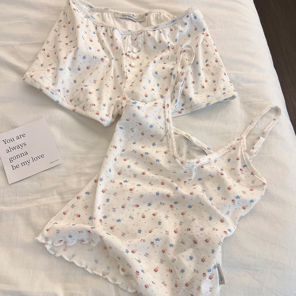 Bộ đồ ngủ in hình gấu phong cách Hàn Quốc Pure Desire Home Wear | Cố định Cup Sling Sweet Girl Quần short Áo ngực dễ thương Đồ ngủ mùa hè lười biếng