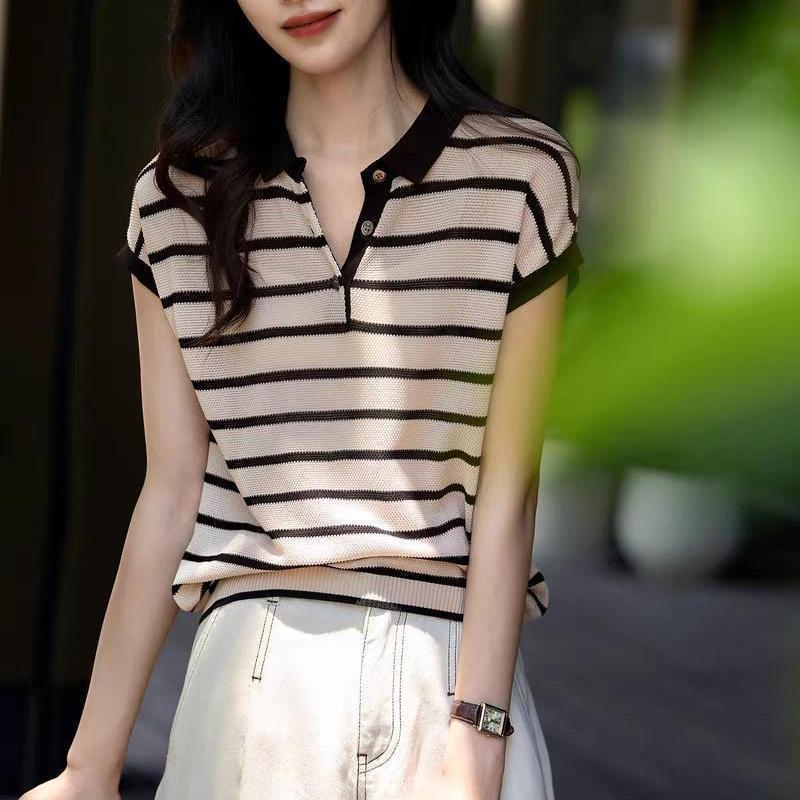 Nữ Mùa Hè Phong Cách Mới Đơn Giản Cao Cấp Cảm Giác Cổ POLO Sọc Áo Thun Ngắn Tay Dệt Kim, Áo Cơ Bản Ôm Hơn Tất Cả Trận Đấu, Thanh Lịch Sang Trọng Commu