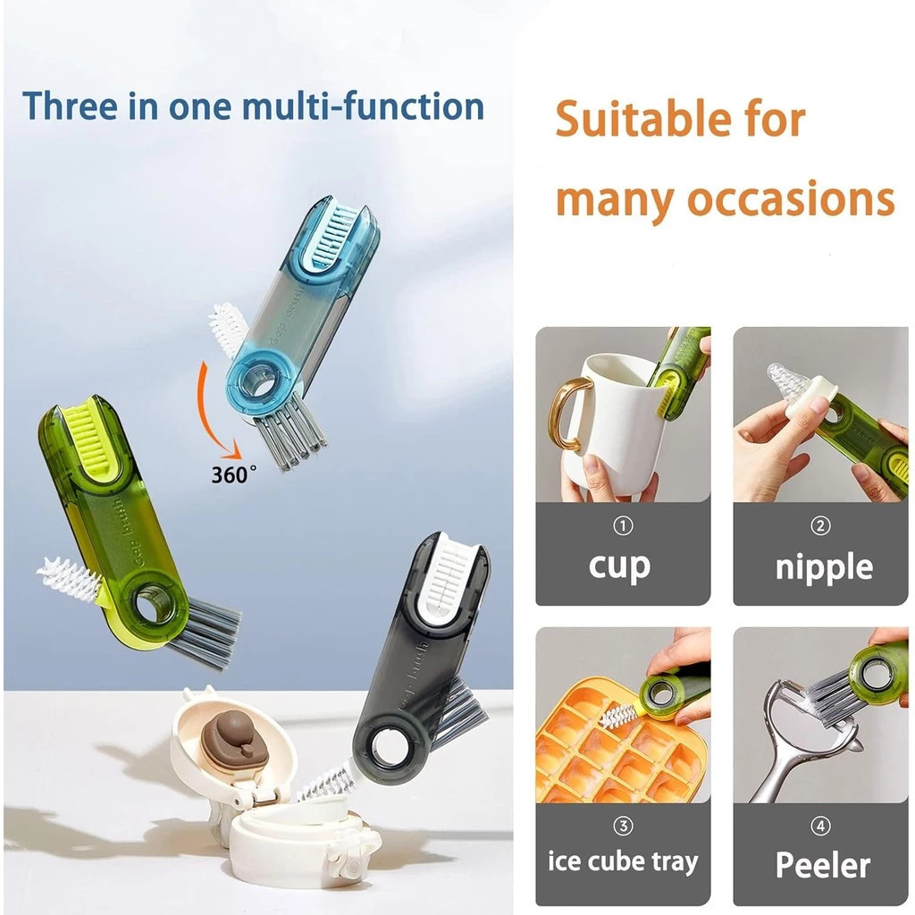 [48h] [COD] Bàn Chải 3 Trong 1 Vệ Sinh Cốc Ly - Đầu U, Xoắn, Cứng, Xoay 1 Chiều, Phù Hợp Bình Sữa, Tách Trà​