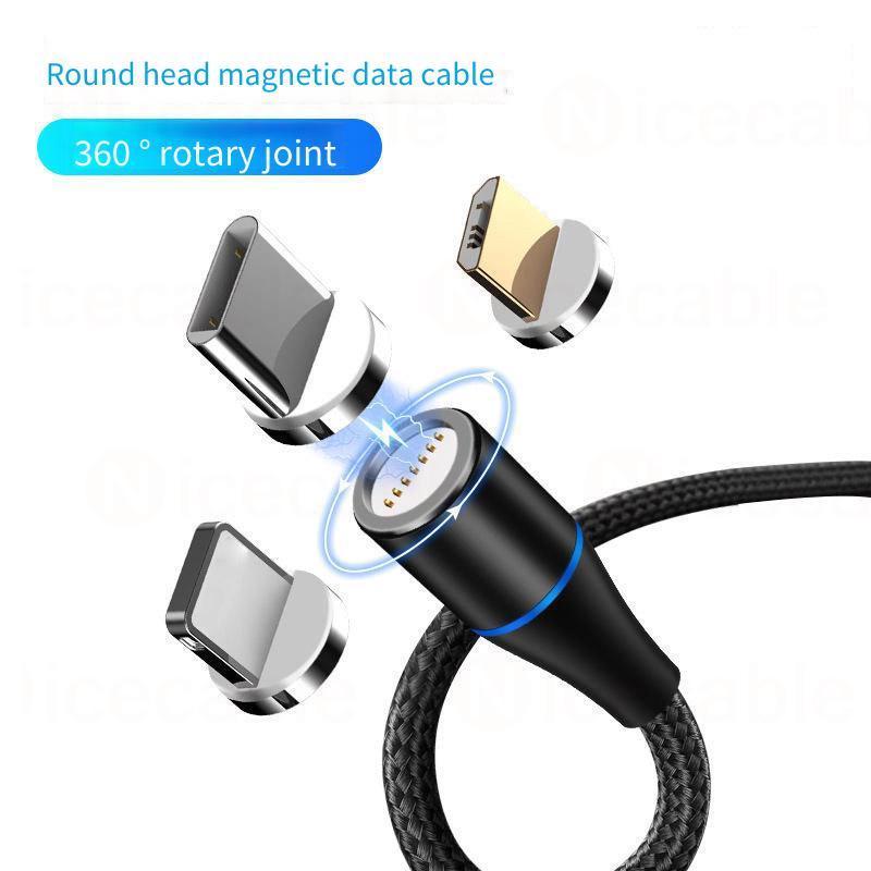 Cáp dữ liệu sạc nhanh 3 trong 1 5A có phích cắm Type-C / Micro / IOS 360° Cáp dữ liệu sạc từ tính có thể xoay Cáp dữ liệu sạc đèn LED dệt