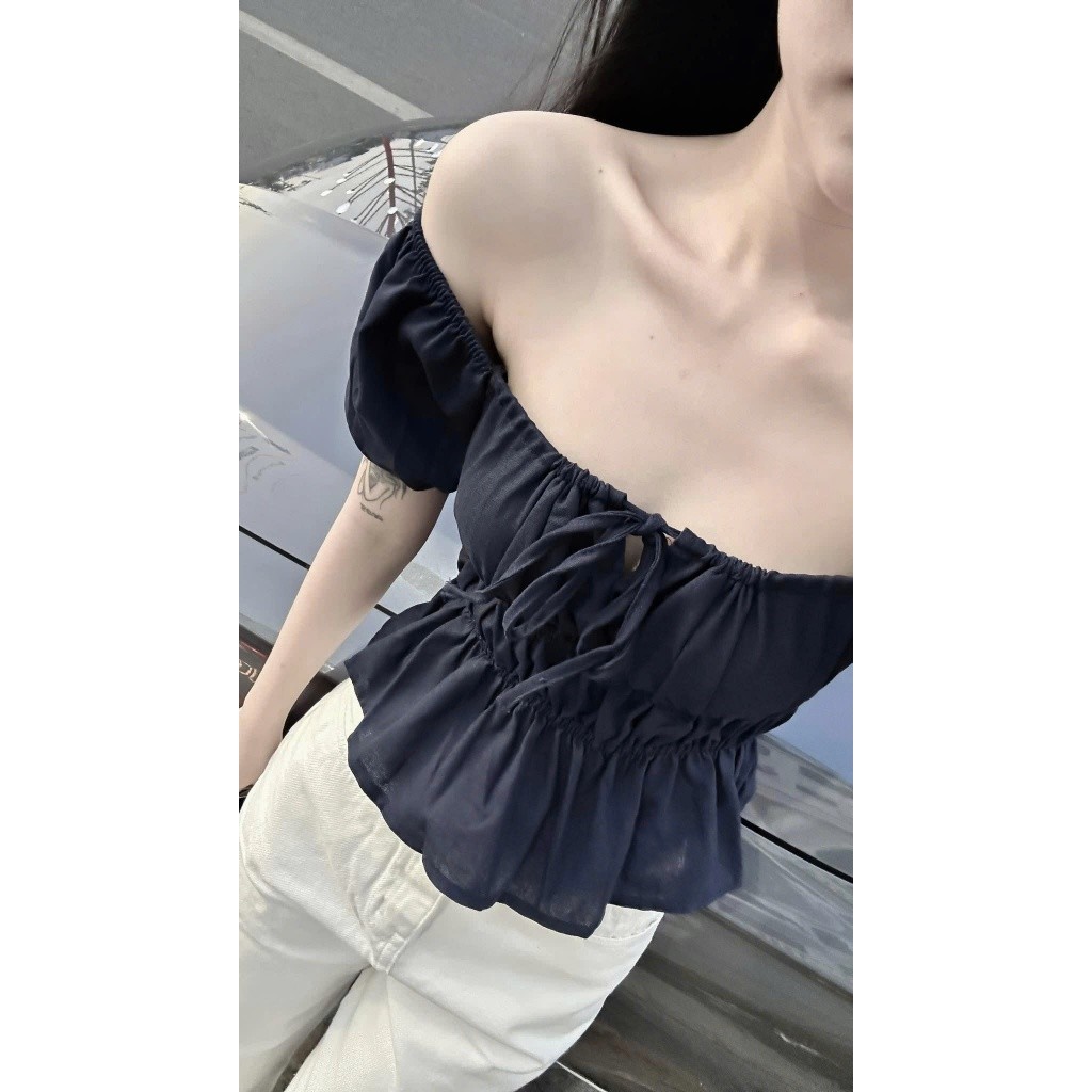 Áo Babydoll Linen Kiểu Xinh Tay Phồng Tiểu Thư Công Chúa Bo Thân Nơ Coquette Ngực Xinh Xắn