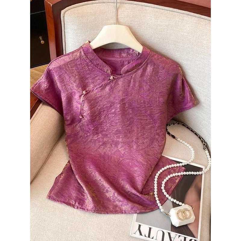 Áo sơ mi nữjacquard cổ đứng phong cách Trung Hoa, hợp mốt phương Tây cho mùa hè