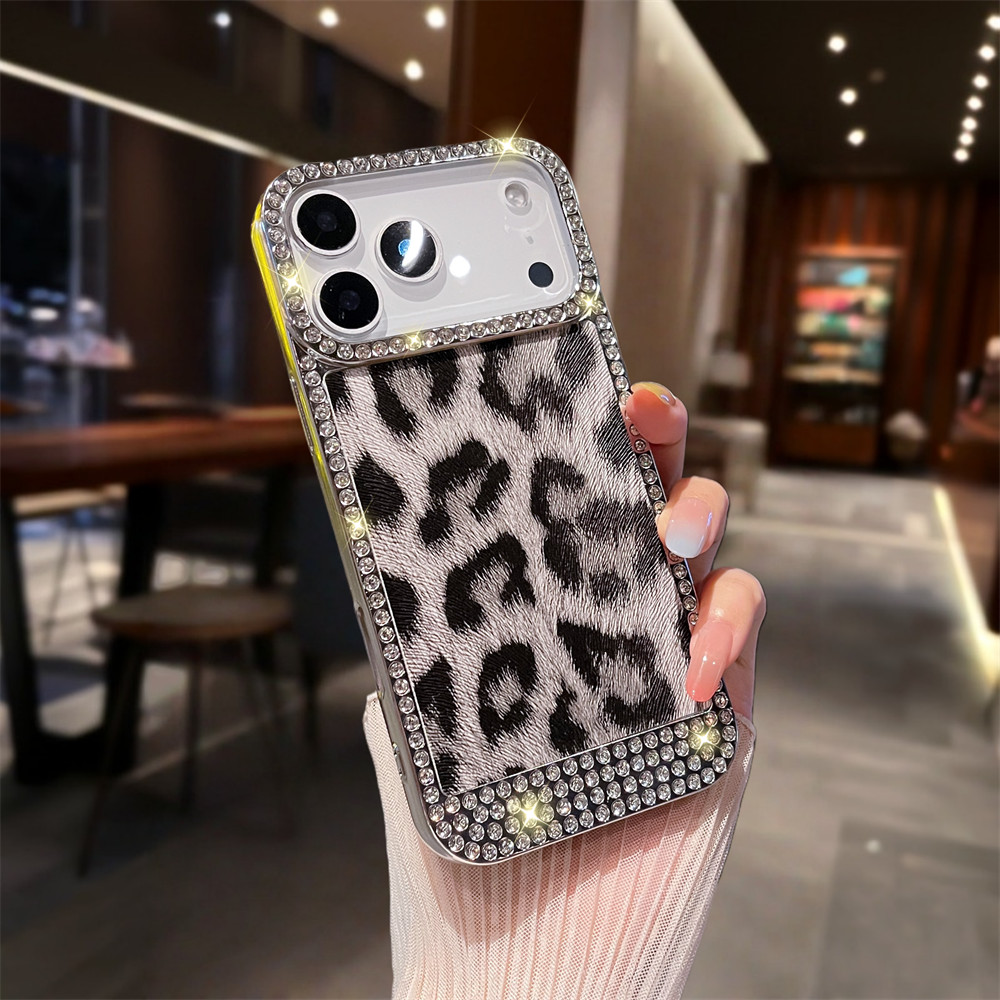 Ốp điện thoại họa tiết da báo Flash Diamond cho iPhone 17 Pro Max 13 14 15 16 Pro Max Bảo vệ ống kính chống rơi Vỏ mềm bảo vệ điện thoại