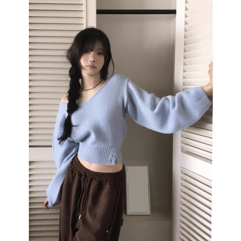 Áo Len Off-The-Shoulder Ngắn Phong Cách Hàn Quốc Cho Thu Đông, Sang Trọng và Thời Thượng