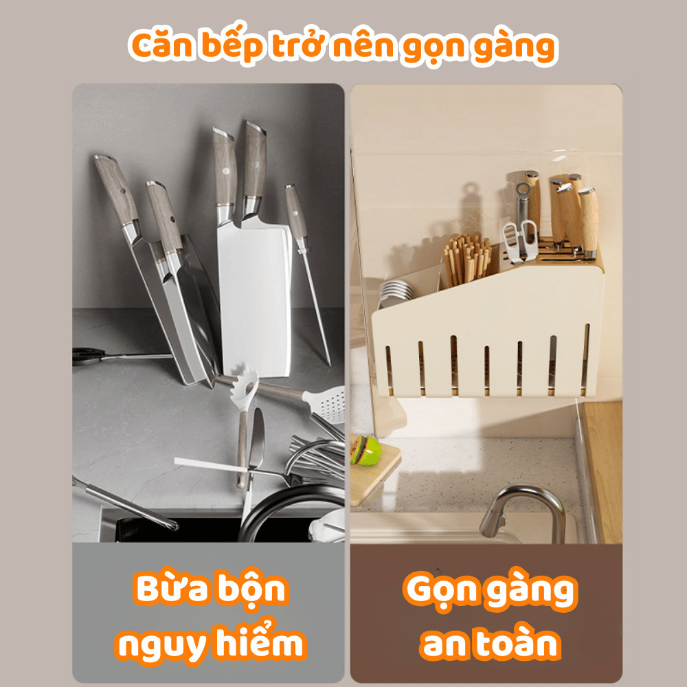 Kệ Cài Dao Tích Hợp Ống Để Đũa Muỗng DINO Chất Liệu PP Cao Cấp Có Khay Thoát Nước, Thoát Khí