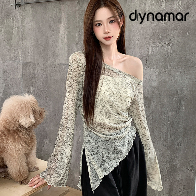 【dynamar】Hàng Có Sẵn-Áo thun dài tay trễ vai kiểu dáng ôm sát, vạt áo bất đối xứng, phong cách thời trang dành cho nữ.