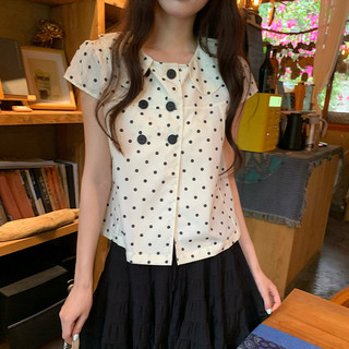 Nova-Áo sơ mi nữ Áo sơ mi tay ngắn cổ sen áo babydoll chấm bi phối 6 cúc lửng dáng vừa dễ thương