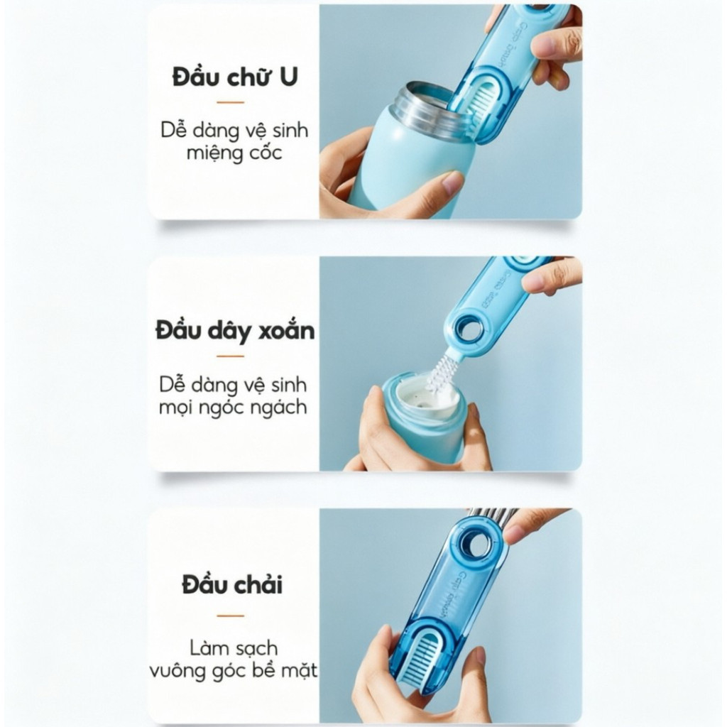 [48h] [COD] Bàn Chải 3 Trong 1 Vệ Sinh Cốc Ly - Đầu U, Xoắn, Cứng, Xoay 1 Chiều, Phù Hợp Bình Sữa, Tách Trà​