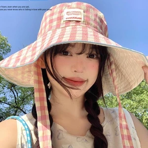 Mũ Tai Bèo Chống Nắng Rộng Vành Có Thể Đội Hai Mặt Họa Tiết Caro, Mũ Bucket Dây Nơ Đi Chơi Đi Biển