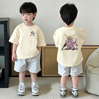 (Từ 2-12 tuổi) Áo thun ngắn tay 100% cotton cho bé trai, họa tiết hoạt hình (Kỳ lân, Gundam), cổ tròn.