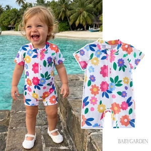 Bé Gái Rash Guard Đồ Bơi Tay Ngắn Cổ Tròn In Hoa Bộ Đồ Tắm Đồ Bơi