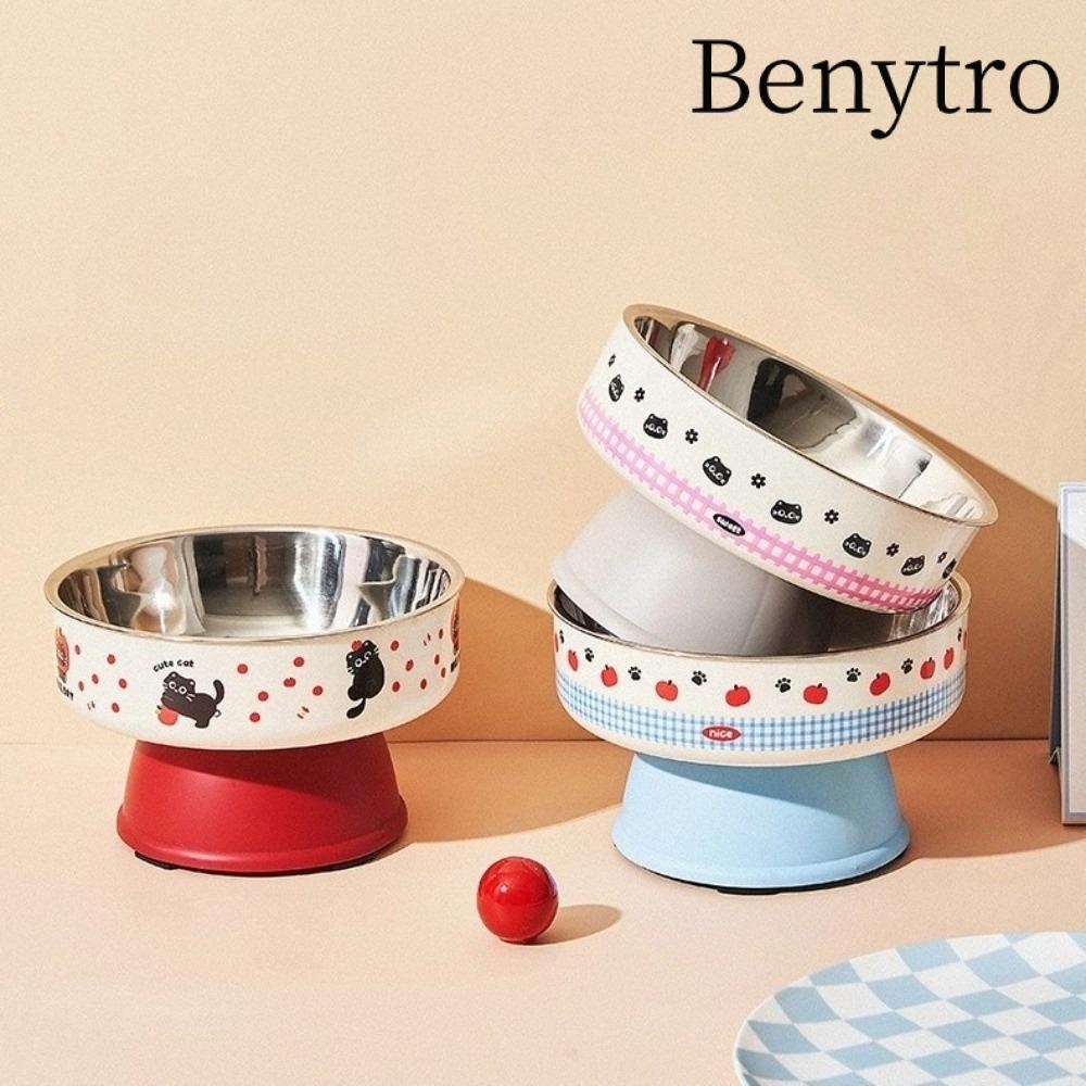Bát cao chân thú cưng BENYTRO, Bát mèo nhiều màu sắc bằng thép không gỉ, đơn dung tích lớn Họa tiết hoạt hình Mèo Bát ăn
