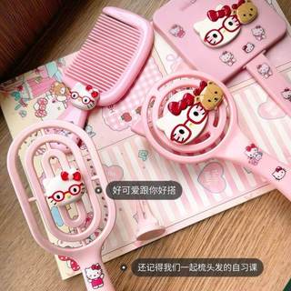 Set 4 gương lược KITTY kính đỏ gấu dành cho học sinh Bé gái Tay cầm chống trượt Tất cả các loại tóc Massage da đầu