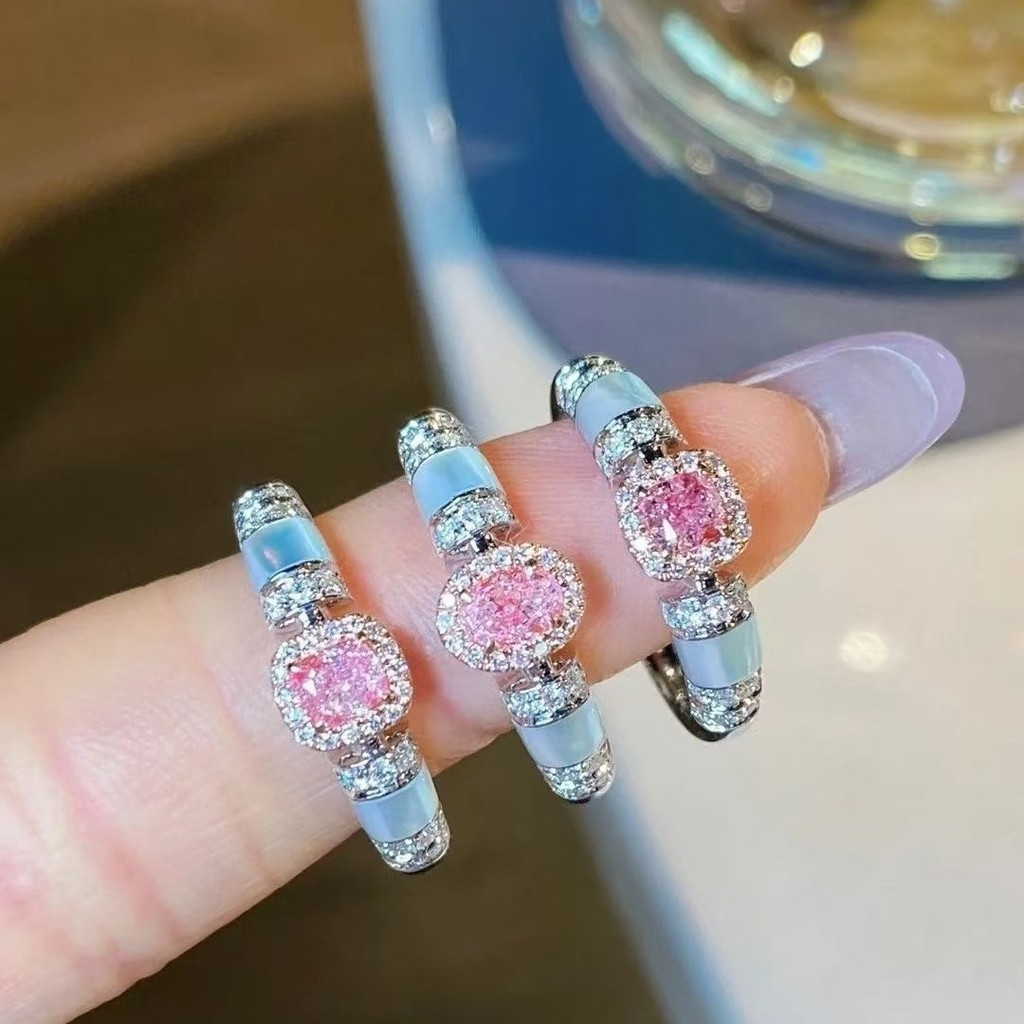 Phong cách mới Thời trang Phong cách Trung Quốc Màu hồng Hình học dát Zircon được cá nhân hóa Nhẫn nữ có thể điều chỉnh 100%.