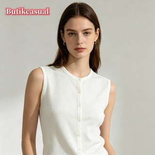 Phụ Nữ Nút Cotton Trước Tank Top Không Tay Slim Fit Thoáng Khí Thoải Mái Đen Mùa Hè 2026