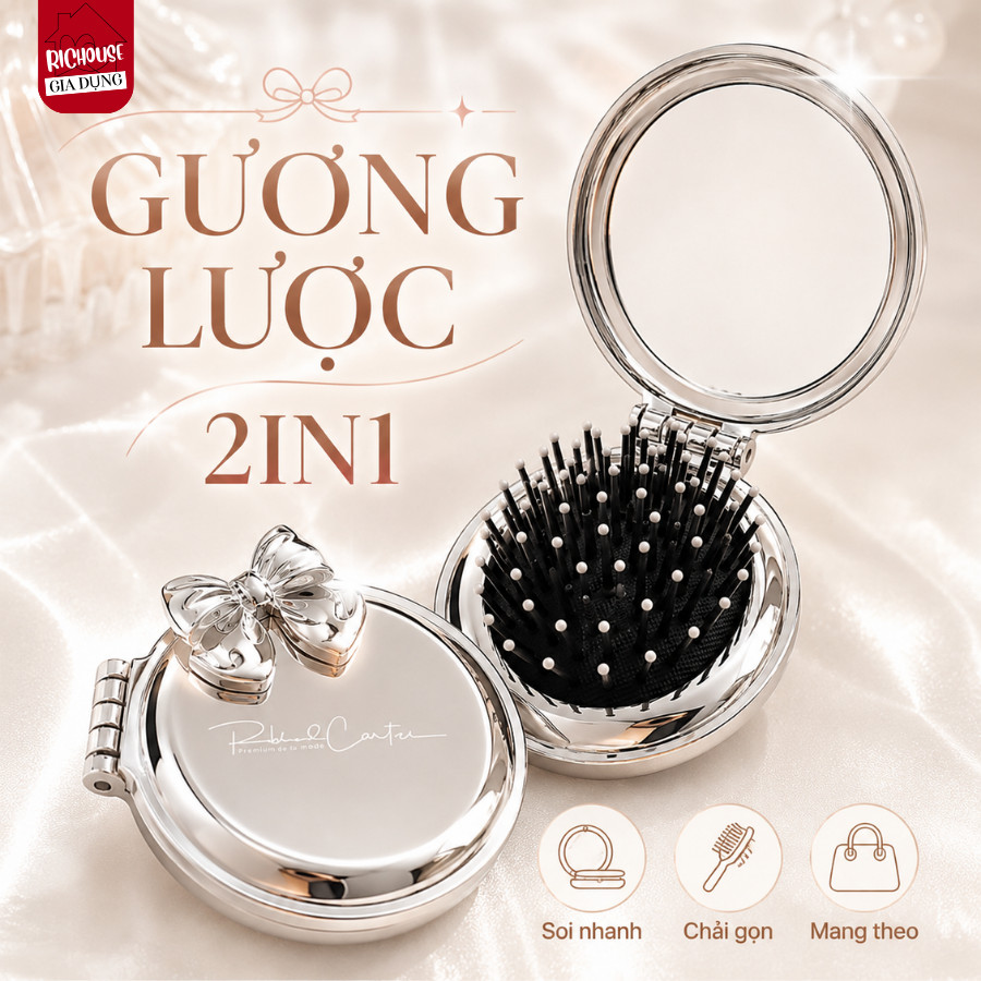 Lược Gấp Gọn Kèm Gương Soi Mini, Gương Lược Bỏ Túi Hình Nơ Sang Chảnh, Phụ Kiện Chải Tóc Trang Điểm