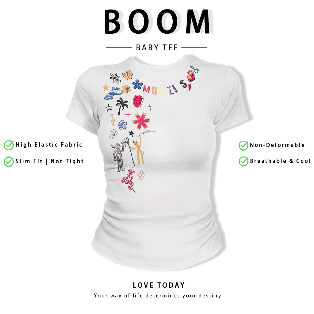BOOM Áo Baby Tee Nữ Cotton Ôm Body-Áo Thun Ngắn Tay Y2K In Hình PhongCách Mùa Hè, Cổ Tròn Hàng Đầucách hàn quốc phongC51