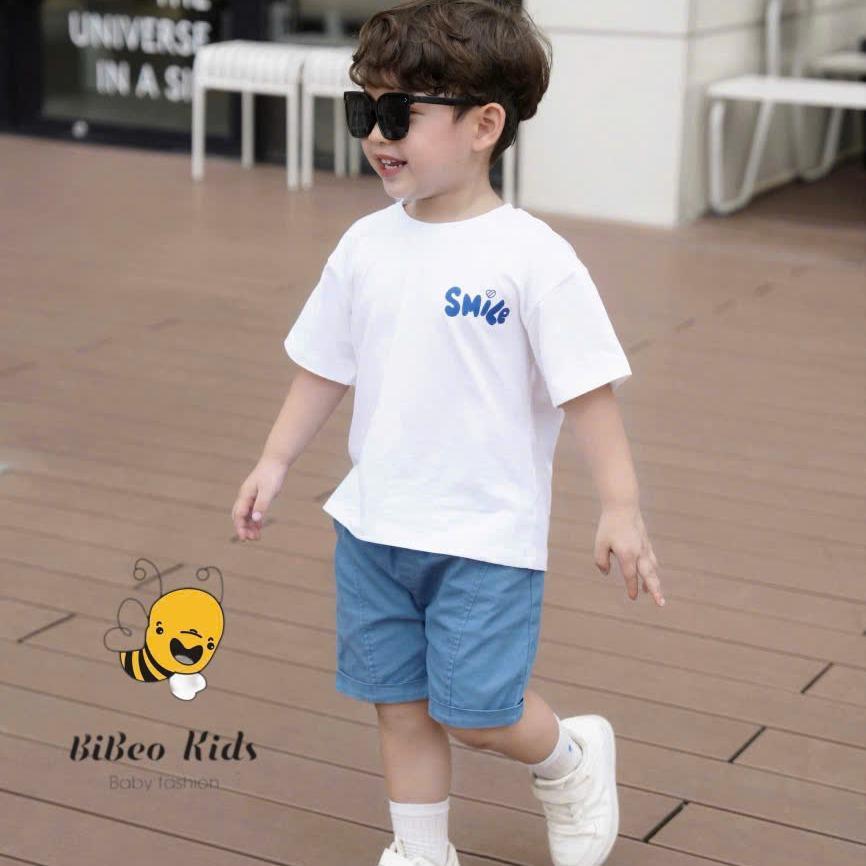 Bộ quần áo SMILE LOVELY QUẦN BÒ XANH  cho bé trai , Quần BÒ  áo chất COTTON mềm thoải mái cho bé
