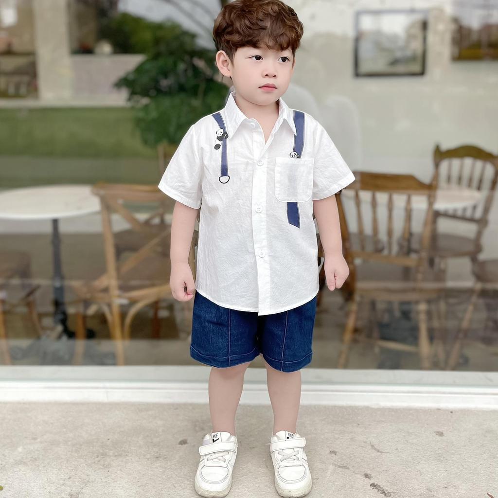 Bộ quần áo SƠ MI GẤU TRÚC  TRẮNG QUẦN BÒ XANH cho bé siêu bảnh trai [1 - 6 tuổi]
