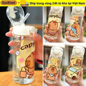 Bình nước ống hút SUNKISSD Capybara, Cốc nước trẻ em chống rò rỉ trong suốt, Cốc uống nước 400ML di động hoạt hình Văn phòng tại nhà
