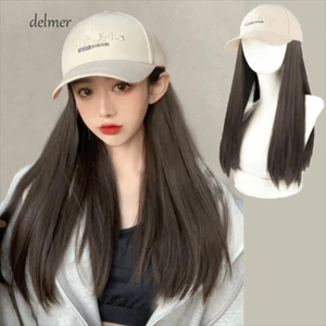 DELMER Mũ Bóng Chày Tóc Giả, Kết Nối Liền Mạch Mũ Tổng Hợp Tóc Giả, Sợi Chịu Nhiệt Tự Nhiên Tóc Nối Dài Phong Cách Hàn Quốc Mũ Thẳng Dài Tóc Giả Bé Gái
