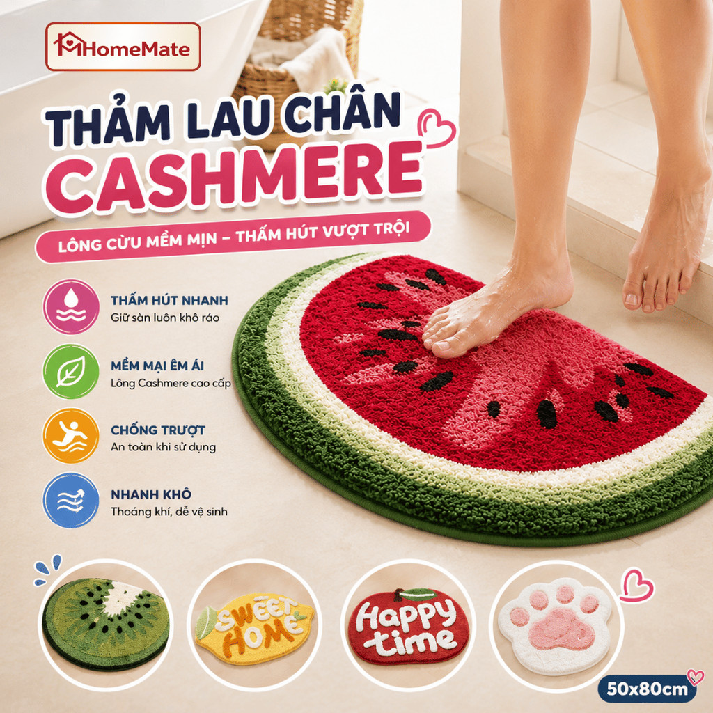 Thảm Lau Chân Cashmere HomeMate 40x60cm, Thảm Nhà Tắm Trái Cây Siêu Thấm Hút Chống Trượt