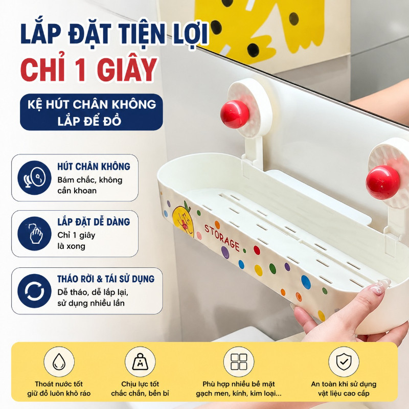 Kệ Đựng Đồ Nhà Tắm Hút Chân Không,Họa Tiết Chấm Bi,Kệ Góc Decor Phòng Tắm,Không Cần Khoan Tường