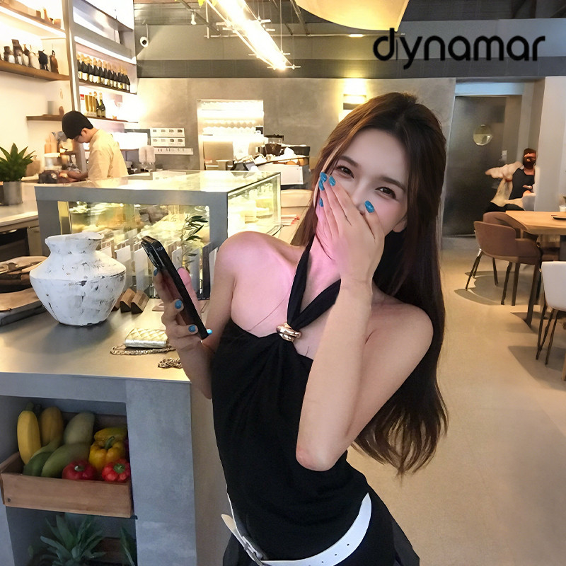【dynamar】Áo crop top hở lưng, dây đeo và khóa kim loại dành cho nữ. Áo crop top dây quai mảnh, hở lưng mùa hè