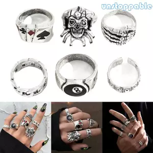 Unstop * 6 Miếng Gothic Đen Đầu Lâu Nhẫn Punk Bạc Giáng Sinh Nhẫn Trang Sức Halloween