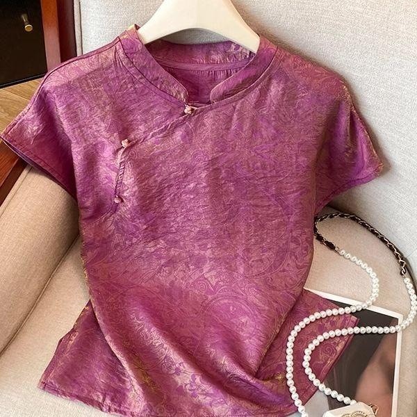 Áo sơ mi nữjacquard cổ đứng phong cách Trung Hoa, hợp mốt phương Tây cho mùa hè