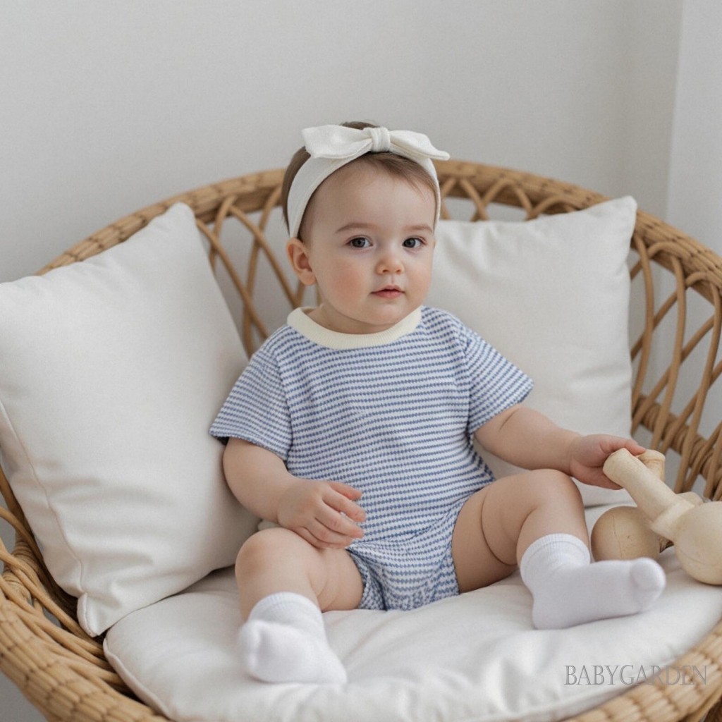 Áo liền quần bé trai / bé gái cổ tròn tay ngắn sọc quần áo mùa hè