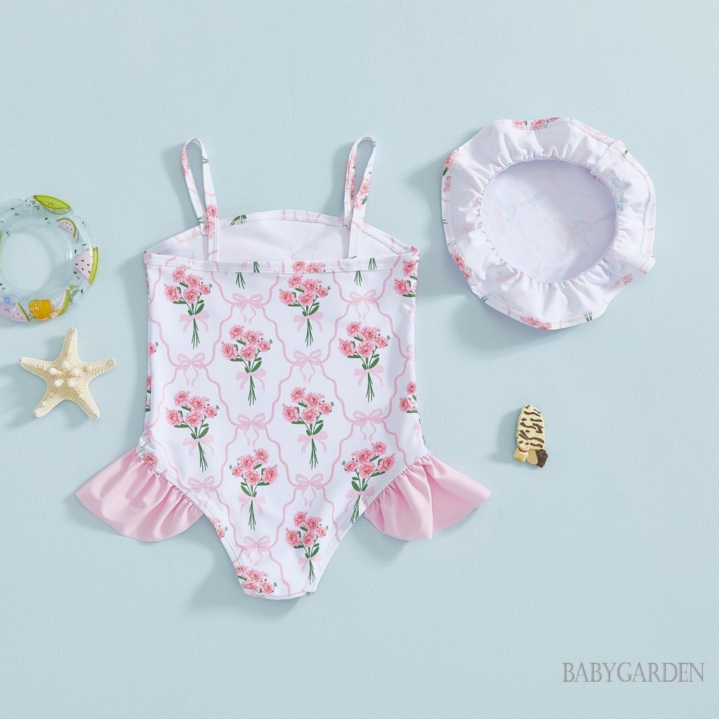 Bộ đồ bơi bé gái mới biết đi có mũ nơ hoa Spaghetti Dây đeo Bộ đồ tắm cho bể bơi đi biển