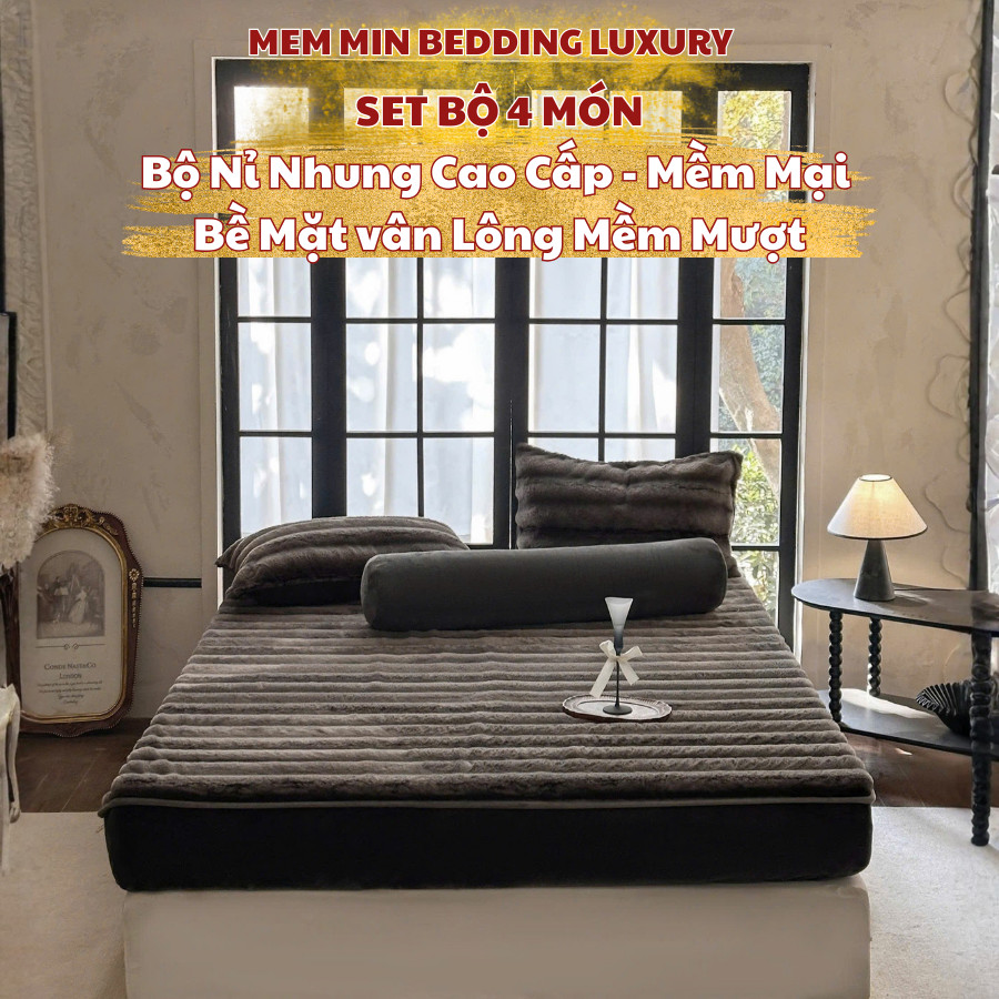 (GG398) Set ga gối nỉ nhung vân lông Memminbedding Luxury giữ ấm tốt, chất liệu mềm mịn, ấm áp, không bám lông