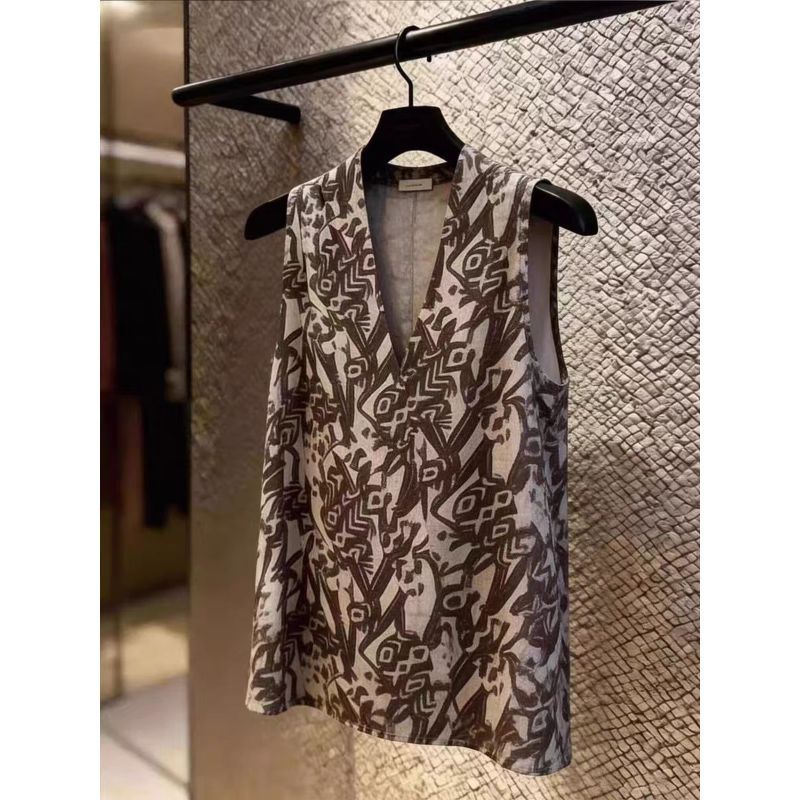 [Giảm giá 50%] Mặc áo Vest cổ chữ V in kiểu Pháp Áo sơ mi nhỏ không tay phong cách mới phù hợp cho nữ