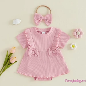 Bộ áo liền quần ngắn tay có gân cho bé gái có dây đeo nơ