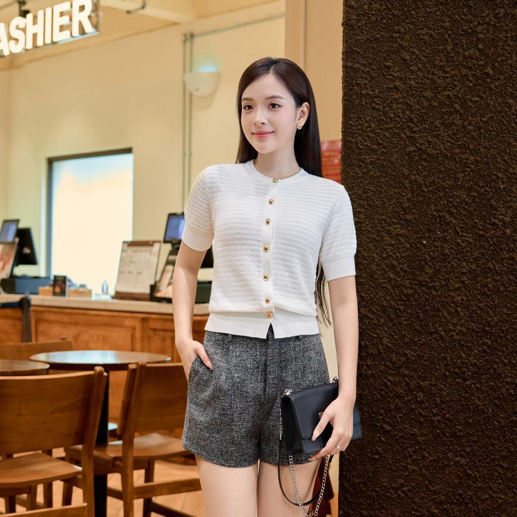 Áo Cardigan ngắn tay cổ tròn Cotton Dệt ngang PL07 MỊN VN form dáng vừa vặn