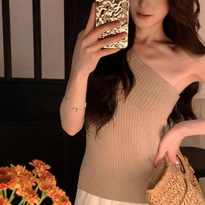 Springevenstar Không Đều Một Vai Tắt Vai Áo Vest Thiết Kế Không Tay Họa Tiết Màu Trơn Đa Năng Mặc Vải Co Giãn Cao Springevenstar