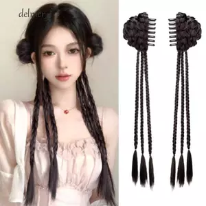 DELMER 2 Cái Xoắn Bím Dài, Phong Cách Mới Hanfu Mũ Đấm Bốc Tóc Giả Bím Tóc Giả, Kẹp Móng Vuốt Mát Lông Tơ Chiên Bột Đôi Đuôi Ngựa Tóc Giả Đảng