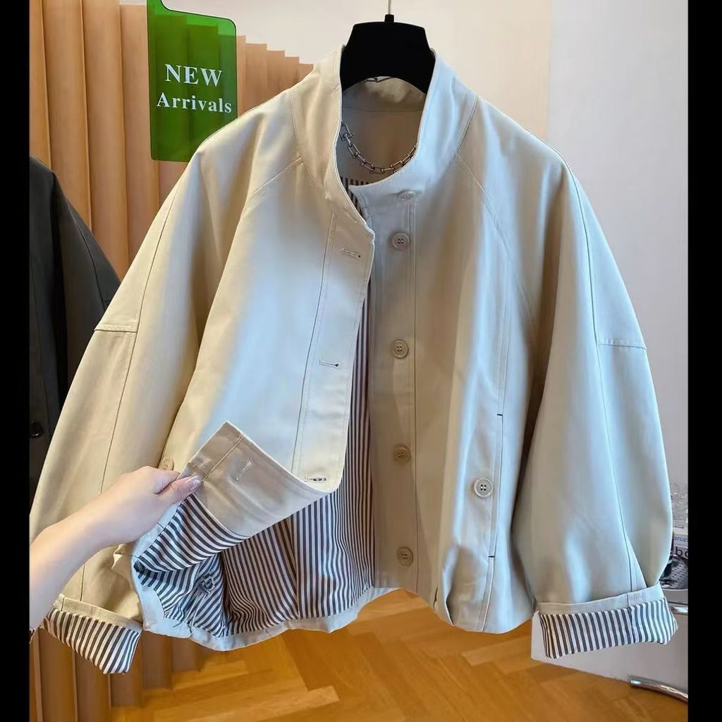 Áo khoác nữ phong cách cổ đứng mới dáng rộng thường ngày sọc ngắn