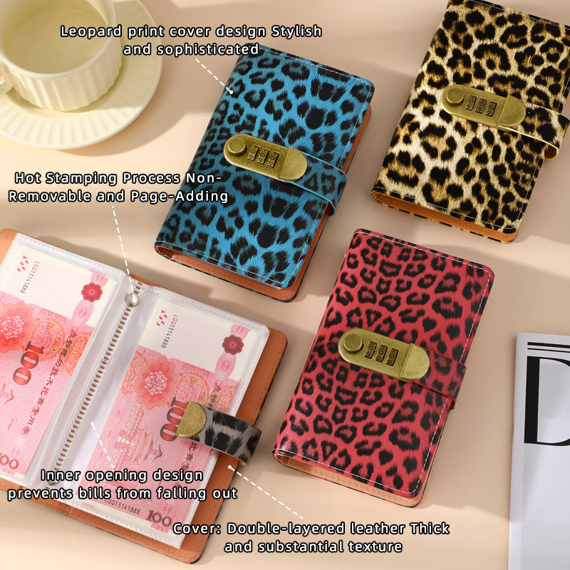 Sổ Tiết Kiệm Họa Tiết Da Báo,PU Mềm,khóa Mã Số,túi Zip đựng Tiền,sổ Quản Lý Chi Tiêu Cá Nhân