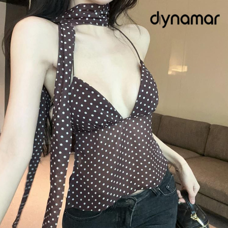 【dynamar】Áo hai dây chấm bi ruy băng gợi cảm dành cho nữ, ôm sát, ngắn, hở lưng, đa năng.