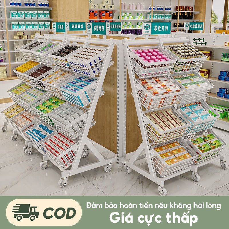 Kệ đẩy hàng tạp hóa chắc chắn bền đẹp Kệ siêu thị rộng rãi chứa đồ nhiều Xe đẩy đồ ăn vặt sắt dày dặn không gỉ