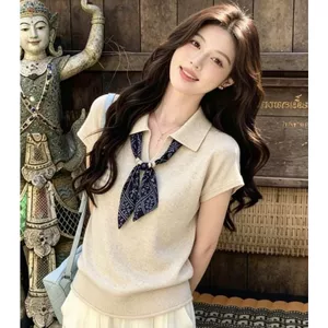 Cổ áo polo phong cách tiền cũ mùa hè Áo dệt kim lụa ngắn tay dành cho nữ Tính khí hàng đầu phong cách Hàn Quốc Phong cách mỏng S